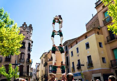 Igualada, Barcelona; April 28, 2019: Castelleras Days of Barcelona. 24th anniversary of the group Moixiganguers de Igualada, Castellers de Sant Cugat