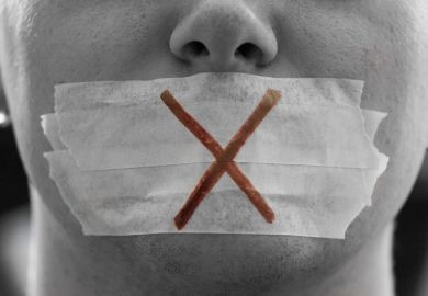 Person with tape with an ‘X’ over her mouth Free speech, censor, censorship, academic freedom of expression