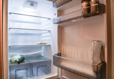 Almost empty fridge with open door
