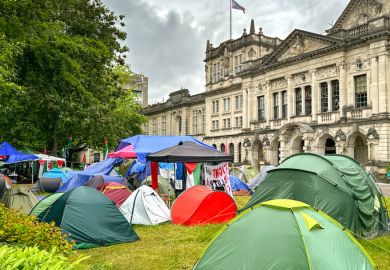 Tents used by protesters for Palestine on the lawn of one of the buidlings of Cardiff University.