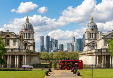 University of Greenwich and Canary Wharf skyscrapers at background University of Greenwich and Canary Wharf skyscrapers at background.