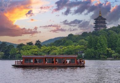 Traditional Chinese pleasure boat on Xihu Lake in Hangzhou