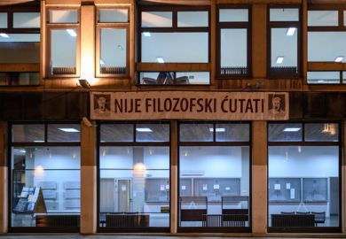 University of Belgrade Faculty of Philosophy with banner saying "It is not philosophical to remain silent"