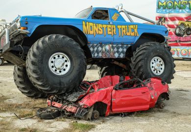 Huge Monster Truck climbs, crushes and completely destroys a demo car. Huge Monster Truck climbs, crushes and completely destroys a demo car.