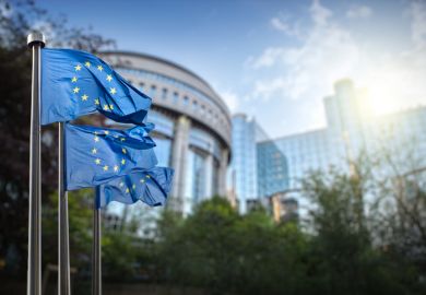 European Union flags in front of parliament building, Brussels, Belgium