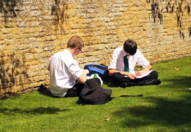Two teenage schoolboys sitting on the grass by a Cotswold stone wall doing their schoolwork.
