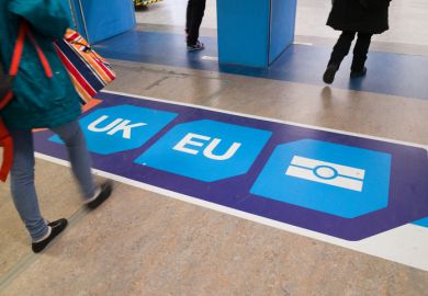 Passport control signage on the floor at Gatwick Airport directs passengers to 'non EU', 'UK' and 'EU' passport controls December 2, 2016: Passport control signage on the floor at Gatwick Airport directs passengers to 'non EU', 'UK' and 'EU' passport control points.