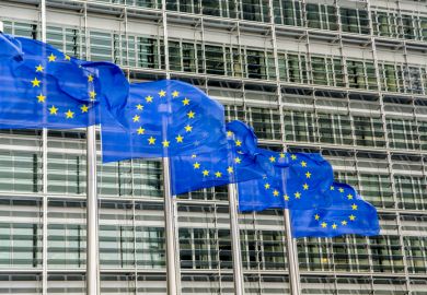 European Union flags outside European Commission building at Berlaymont in Brussels, Belgium