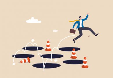 Avoid pitfall, adversity and brave to jump pass mistake or business failure, skill and creativity to solve problem concept, smart businessman jump pass many pitfalls to achieve business success