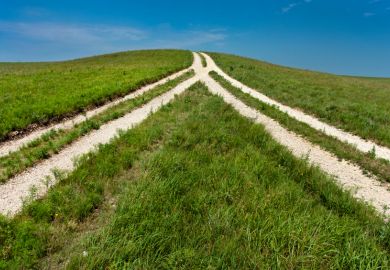 Two tracks in a field merge into one, illustrating mergers