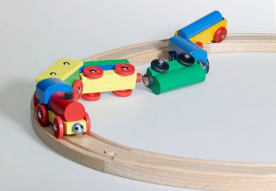 Wooden toy train crash