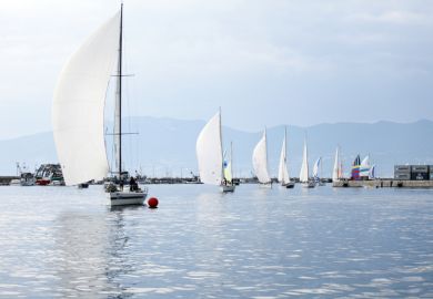 Sailboats entering the finish of the Fiumanka regatta in Rijeka, Croatia.
