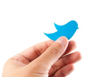 Hand holding blue paper bird in style of Twitter logo