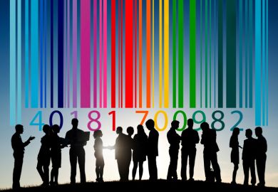 Group of people with multi-coloured barcode