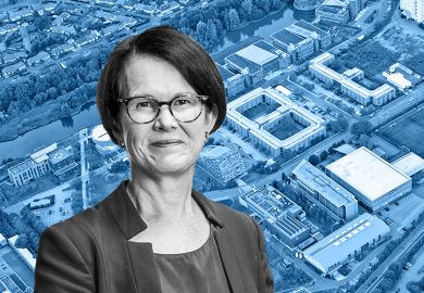 Jane Norman, University of Nottingham vice-chancellor, with an aerial shot of the Jubilee campus in the background.