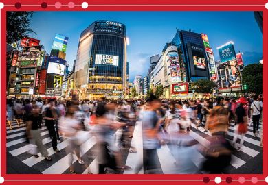Fisheye view of crowds of people at the famous Shibuya Crossing, Japan. To illustrate paradigm shift needed in Japan’s higher education Fisheye view of crowds of people at the famous Shibuya Crossing, Japan. To illustrate paradigm shift needed in Japan’s higher education
