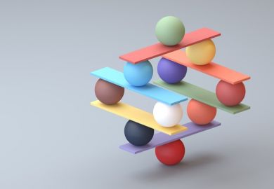 A jenga-type game with balancing balls, symbolising Dutch science policy