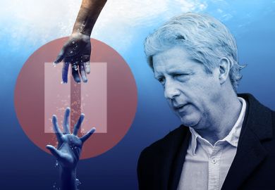 Montage of Jo Johnson with a pause symbol over hand reaching to rescue drowning person. To illustrate Johnson's fear that the OfS register pause will block university mergers and could worsen the sector’s financial woes Montage of Jo Johnson with a pause symbol over hand reaching to rescue drowning person. To illustrate Johnson's fear that the OfS register pause will block university mergers and could worsen the sector’s financial woes