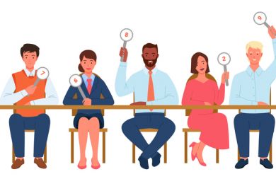 Contest judges hold up their scores, symbolising open peer review