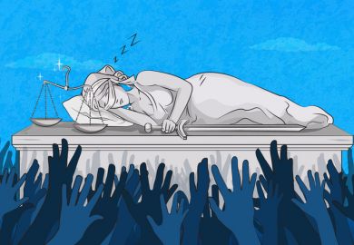 Lady Justice sleeps, signifying lazy peer review