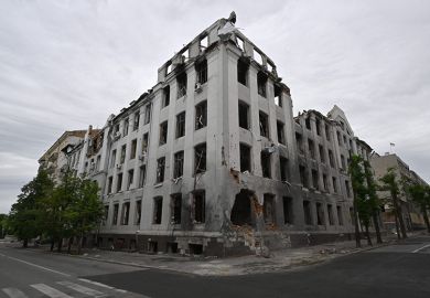 The badly damaged Faculty of Economics at Karazin Kharkiv National University