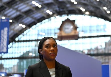 Kemi Badenoch, leader of the Conservative Party, during a media interview at the Conservative Party conference in Manchester, UK, on Tuesday, 7 October, 2025
