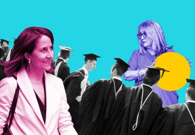 Liz Kendall (left) and Jacqui Smith (right) with graduates in between them. To illustrate universities being left as ‘piggy in the middle’ after skills reshuffle.