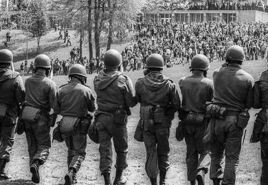 National guardsmen at the Kent State massacre, 1970