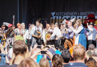Canadian prime minister Justin Trudeau prepares to tap the keg to open Oktoberfest in Kitchener, Ontario Kitchener, Ontario, Canada - October 7, 2016 Canadian Prime Minister Justin Trudeau prepares to tap the keg to open Oktoberfest.