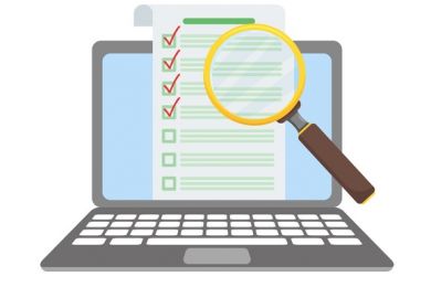 A laptop with a checklist and a magnifying glass, illustrating author transparency