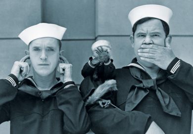 Laurel and Hardy with monkey, see no evil, hear no evil, speak no evil