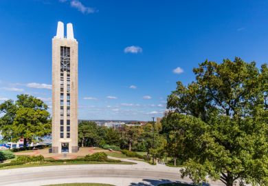 Lawrence, Kansas, USA - October 1, 2020 World War II Memorial Campanile, erected 1950, on the campus of University of Kansas