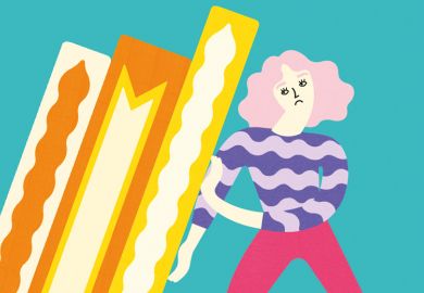 Illustration of a woman leaning against a pile of books