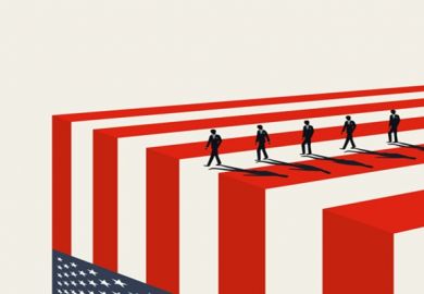 People walk to the edge of an American flag, symbolising scientists leaving the US