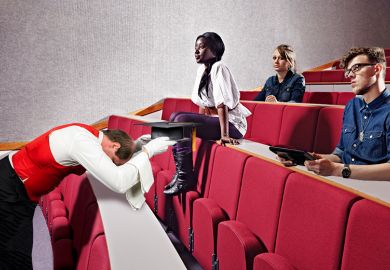 A lecturer as a servant, presenting a mortar board on a silver tray to students in a lecture. To illustrate student-centred teaching.
