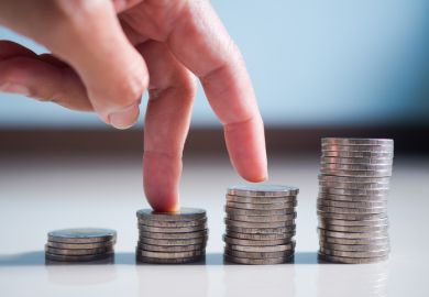 Fingers walk up columns of coins, symbolising levelling up