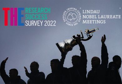 Montage of group lifting trophy with microscope to illustrate research success