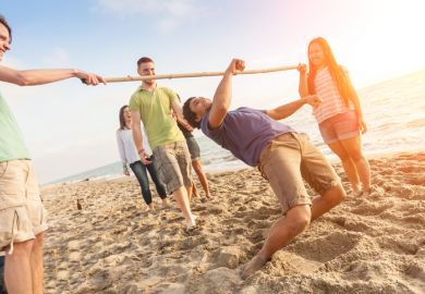 People dancing under a limbo bar symbolising the balance between pension payments and benefits