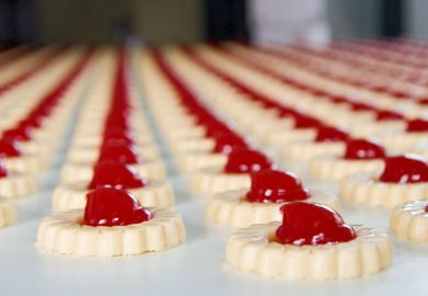 Long rows of jam-filled biscuits
