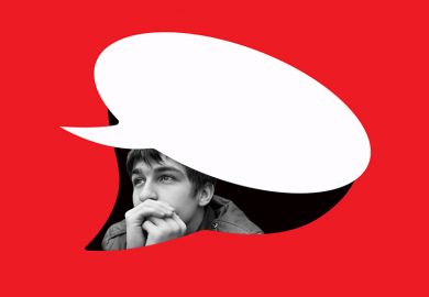 Student looking out pensively from under a speech bubble. To illustrate that undergraduates are choosing silence over dissent given the high price paid by scholars advancing controversial ideas. Student looking out pensively from under a speech bubble. To illustrate that undergraduates are choosing silence over dissent given the high price paid by scholars advancing controversial ideas.