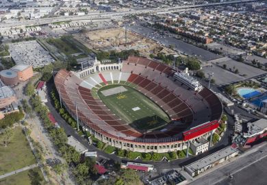 Los Angeles, California, USA - April 12, 2017 Aerial view of the historic Coliseum stadium near downtown and USC.