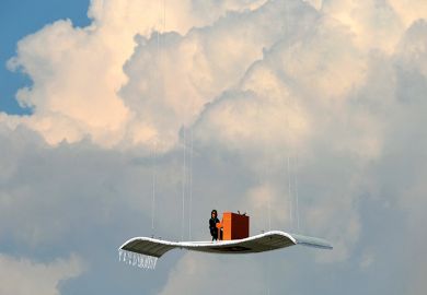 Illustration: a man plays a piano on a magic carpet obviously held up by strings Illustration: a man plays a piano on a magic carpet obviously held up by strings