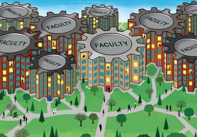 Illustration of a university with different faculties represented by cogs Illustration of a university with different faculties represented by cogs
