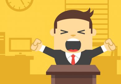 Bored male academic yawning at office desk