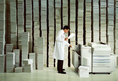 Man in white coat photocopying, illustrating the burden of administrative tasks in academia.