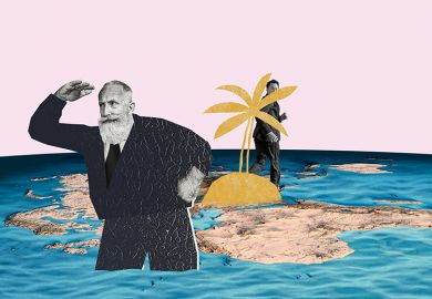 Man looking the wrong way as someone hides behind a palm tree, with a map of the world as the background. To illustrate the difficulties in applying quality assurance processes to transnational education.