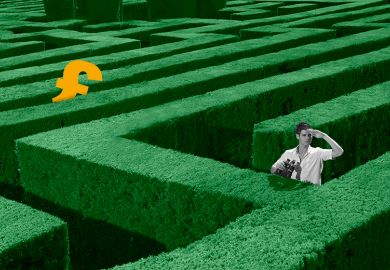 Man searching for money in a maze, as an illustration of the difficulties involved in securing funding through the Research Excellence Framework.