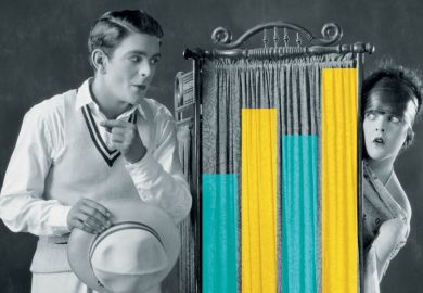 Man speaking to woman standing behind changing curtain