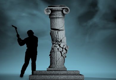 Man swinging axe at classical column. To illustrate possible harm to universities from cuts