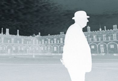 Man walking, University of Oxford campus, photo negative